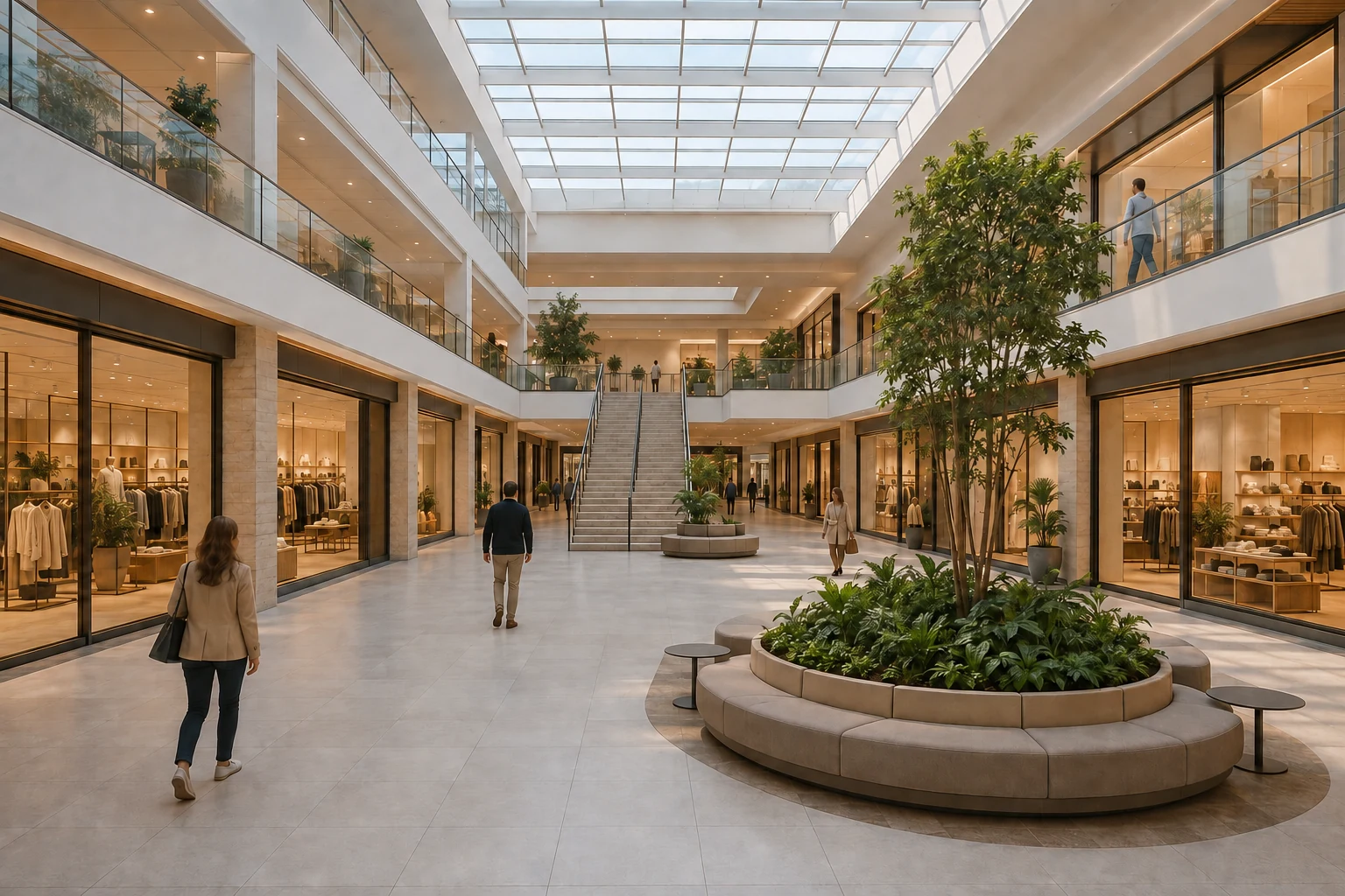 Helles Atrium eines Einkaufszentrums mit zwei Ebenen, Geschäften und gemeinsamer Treppe